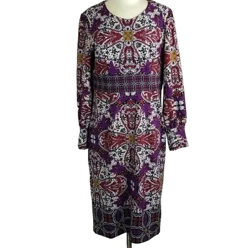 Chicos Womens Floral Medallion Print Midi Sheath Dress Size 1 8/10 Artsy Stretch